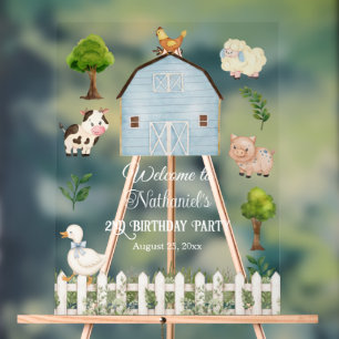 Watercolor Farm Animals Barn 2nd Birthday Party Acrylic Sign