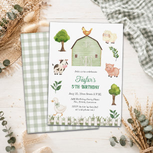 Watercolor Farm Animals Barn 5th Birthday Party Invitation