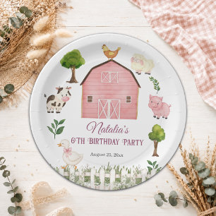 Watercolor Farm Animals Barn 6th Birthday Party Paper Plate