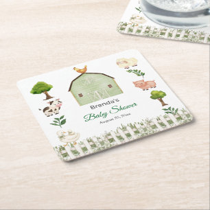 Watercolor Farm Animals Barnyard Baby Shower Square Paper Coaster