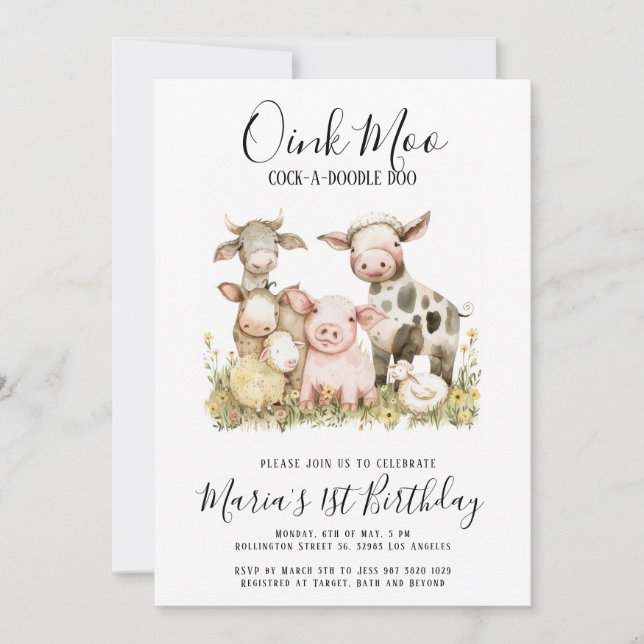 Watercolor Farm Animals Birthday Party Invitation (Front)