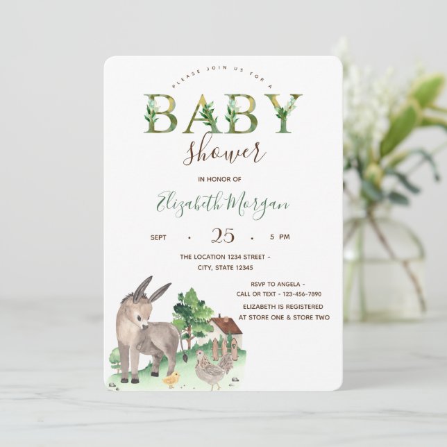 Watercolor Farm Animals Donkey Baby Shower  Invitation (Standing Front)