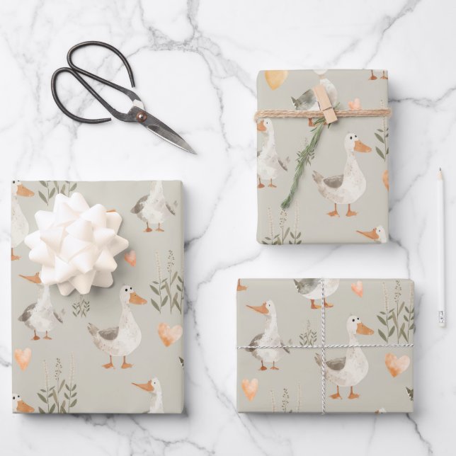 Watercolor Farm Animals Geese Wrapping Paper Sheet (Front)