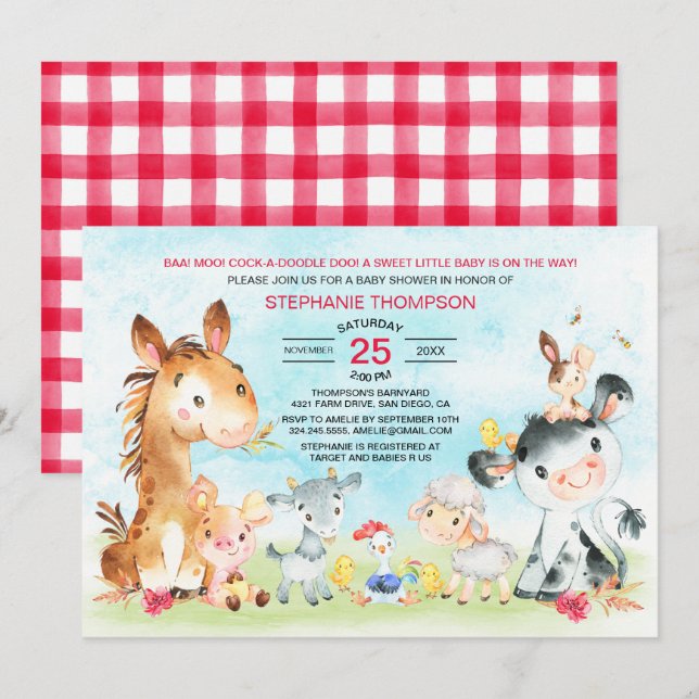 Watercolor Farm Animals Girl Baby Shower Invitation (Front/Back)