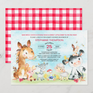 Watercolor Farm Animals Girl Baby Shower Invitation
