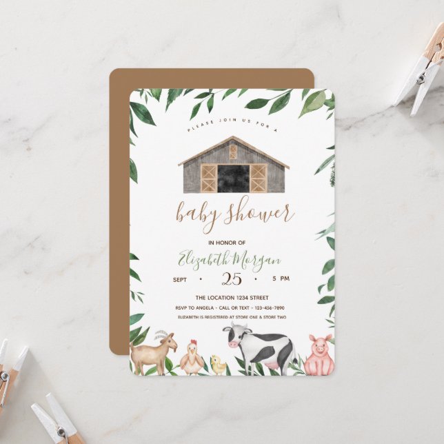 Watercolor Farm Animals Stable Baby Shower Invitation (Front/Back In Situ)