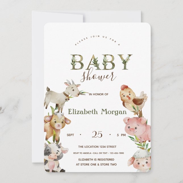 Watercolor Farm Animals Stable Baby Shower  Invitation (Front)