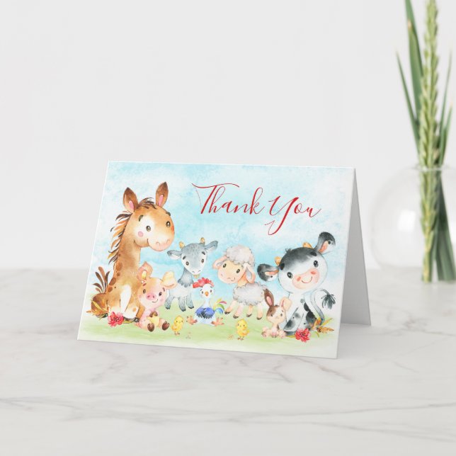 Watercolor Farm Animals Thank You Card (Front)