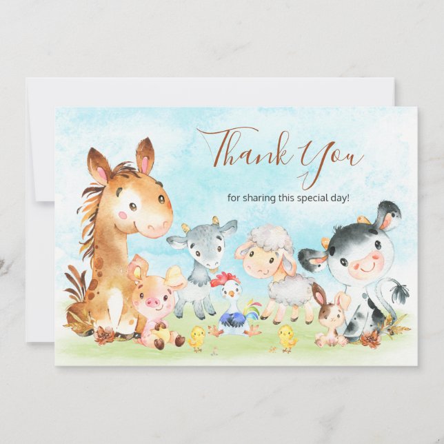 Watercolor Farm Animals Thank You Card (Front)