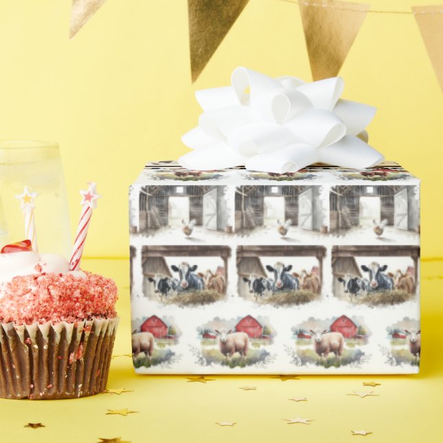 Watercolor Farm Animals Wrapping Paper (Birthday Party)