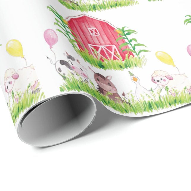 Watercolor Farm Birthday Animals Wrapping Paper (Roll Corner)