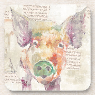 Watercolor Farm Collage Pig Coaster