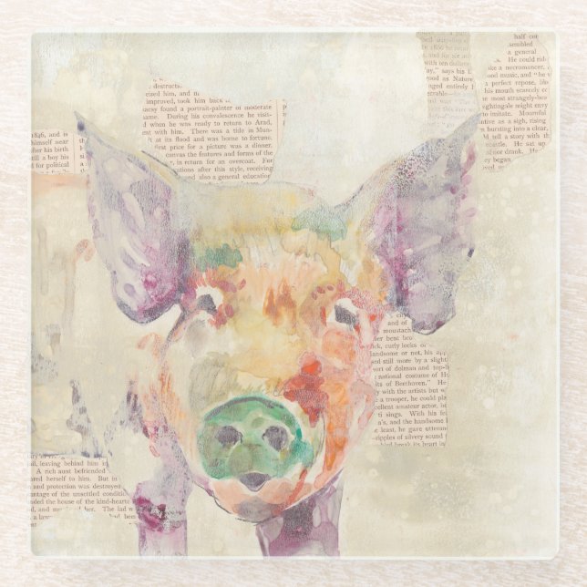 Watercolor Farm Collage Pig Glass Coaster (Front)