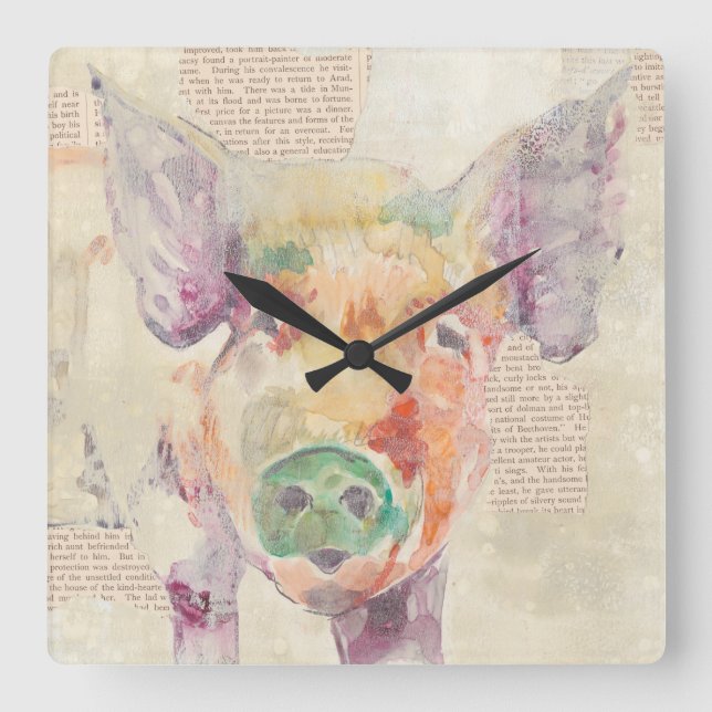 Watercolor Farm Collage Pig Square Wall Clock (Front)