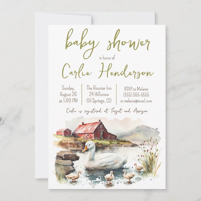 Watercolor Farm Duck with Ducklings Baby Shower Invitation (Front)