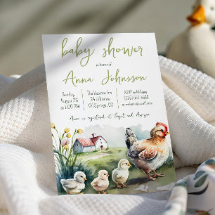 Watercolor Farm Hen with Chicks Baby Shower Invitation