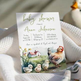 Watercolor Farm Hen with Chicks Baby Shower Invitation