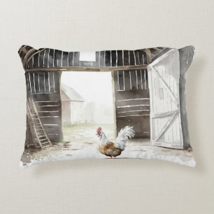 Watercolor Farm Rooster in a Barn Accent Pillow