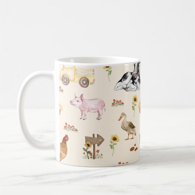 Watercolor Farm Scene Seamless Pattern Coffee Mug (Left)
