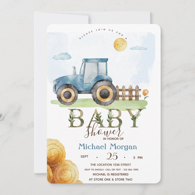Watercolor Farm Tractor Hay Baby Shower  Invitation (Front)