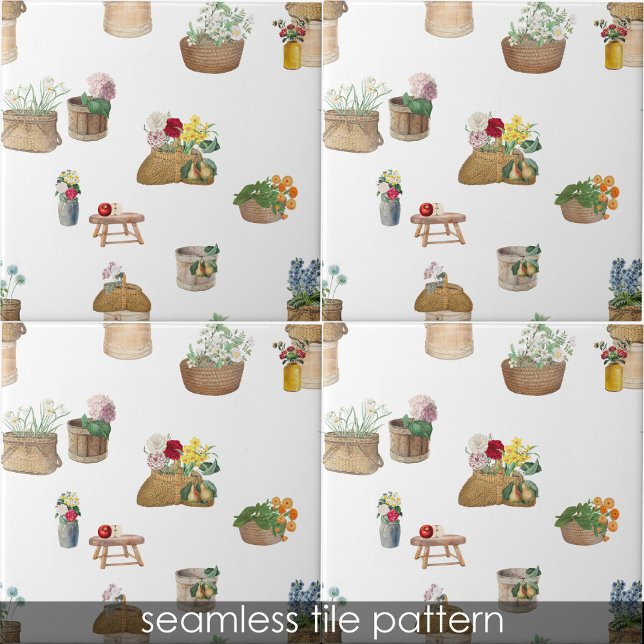 Watercolor Farmer's Market Flower Baskets Tile (Watercolor Farmer's Market Flower Baskets Ceramic Tile)