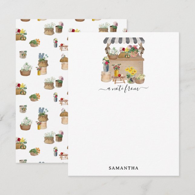 Watercolor Farmer's Market Flower Cart Stand Card (Front/Back)