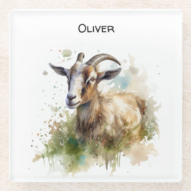 Watercolor Farmhouse Goat, custom Glass Coaster (Front)