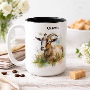 Watercolor Farmhouse Goat, custom Two-Tone Coffee Mug