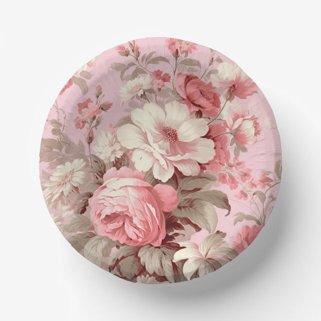 Watercolor Farmhouse Pink Roses & White Cosmos Paper Plate (Front)