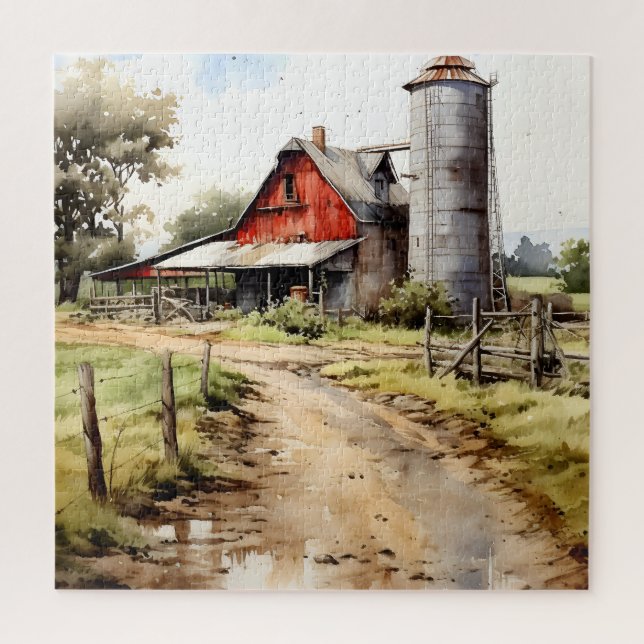 Watercolor Farmhouse with Silo Puzzle (Vertical)