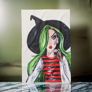 Watercolor Fashion Witch Halloween Kitchen Towel