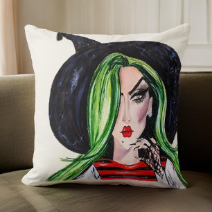 Watercolor Fashion Witch Halloween Throw Pillow