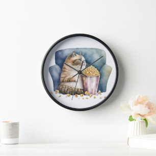 WATERCOLOR FAT CAT SITTING IN CHAIR EATING POPCORN CLOCK