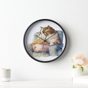 WATERCOLOR FAT CAT SITTING IN CHAIR EATING POPCORN CLOCK