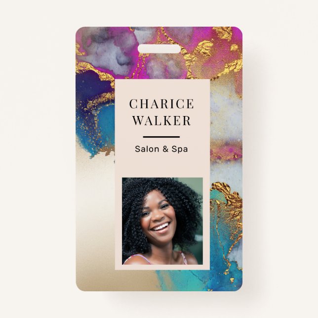 watercolor faux gold foil salon photo name badge (Front)
