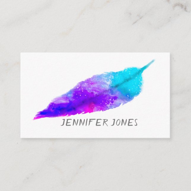 watercolor feather art purple turquoise artistic business card (Front)