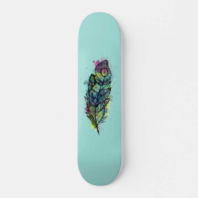 Watercolor Feather Tattoo Skateboard (Front)