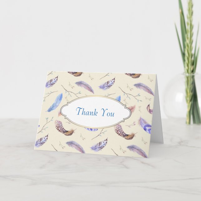 Watercolor Feathers and Leaves Pattern Thank You Card (Front)