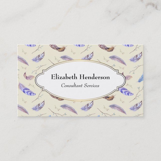 Watercolor Feathers Leaves and Branches Pattern Business Card (Front)