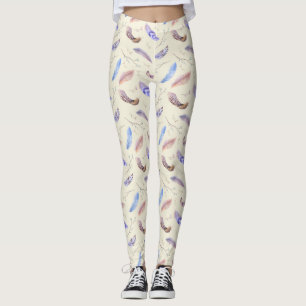 Watercolor Feathers Leaves and Branches Pattern Leggings