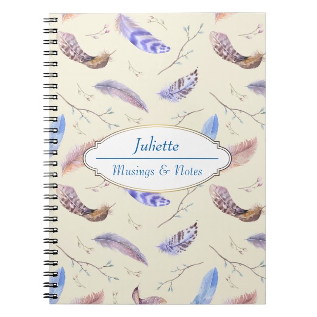 Watercolor Feathers Leaves and Branches Pattern Notebook (Front)