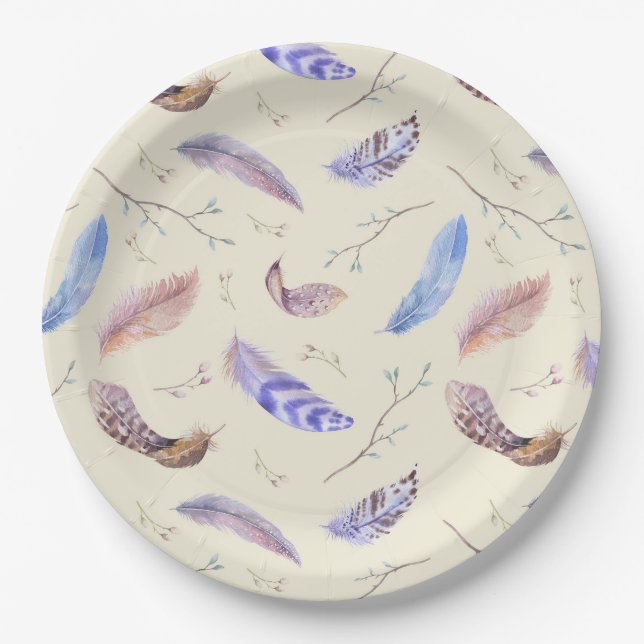 Watercolor Feathers Leaves and Branches Pattern Paper Plate (Front)