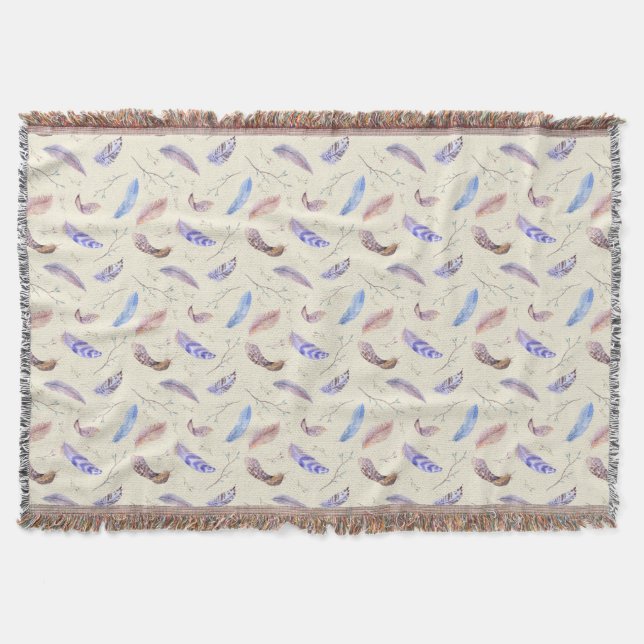 Watercolor Feathers Leaves and Branches Pattern Throw Blanket (Front)