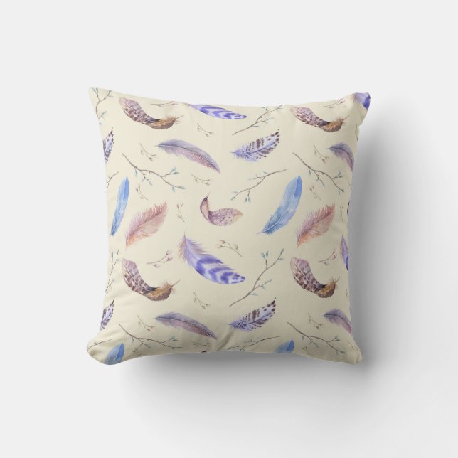 Watercolor Feathers Leaves and Branches Pattern Throw Pillow (Front)