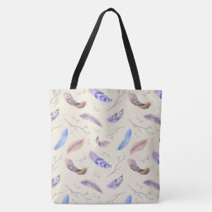 Watercolor Feathers Leaves and Branches Pattern Tote Bag