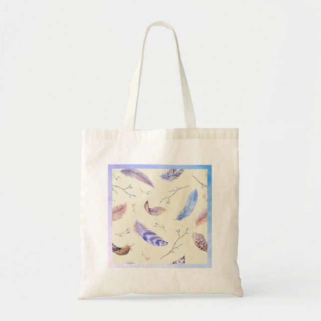 Watercolor Feathers Leaves and Branches Pattern Tote Bag (Front)