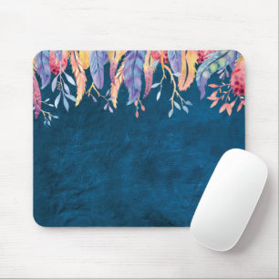 Watercolor Feathers On Blue Leather Mouse Pad