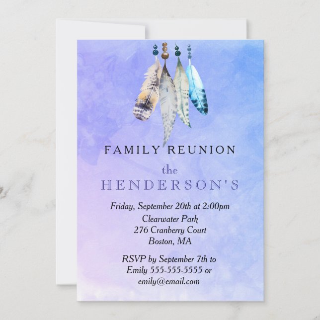 Watercolor Feathers on Purple Back Family Reunion Invitation (Front)