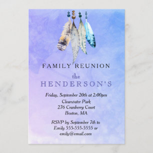 Watercolor Feathers on Purple Back Family Reunion Invitation