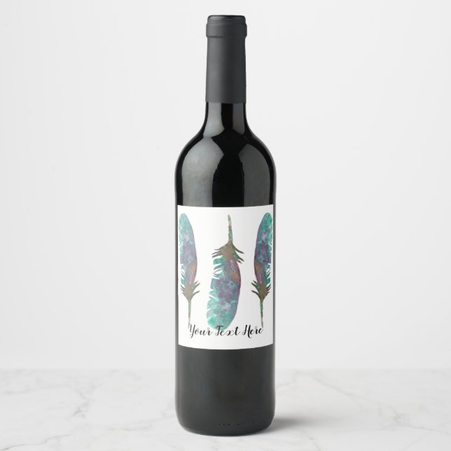 Watercolor Feathers Personalized Wine Bottle Label (Front)